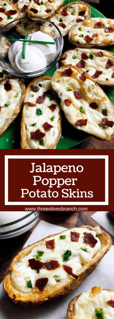 Perfect for the big game, these Jalapeno Popper Potato Skins are one of our favorites! Control the spicy heat level with the amount of jalapeno you use and this is perfect as an appetizer, especially for football games! Easy to make and vegetarian friendly. Three Olives Branch | www.threeolivesbranch.com 