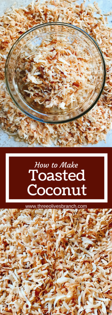 Learn how to make toasted coconut in minutes! Perfect for your holiday baking and desserts. Toasting brings out a nuttiness and texture to coconut. Great for Christmas cookies and baking, snacks, breakfasts, and all types of desserts. Make as much as you need! Vegan and vegetarian. Fast and easy. How to Toast Coconut | Three Olives Branch | www.threeolivesbranch.com