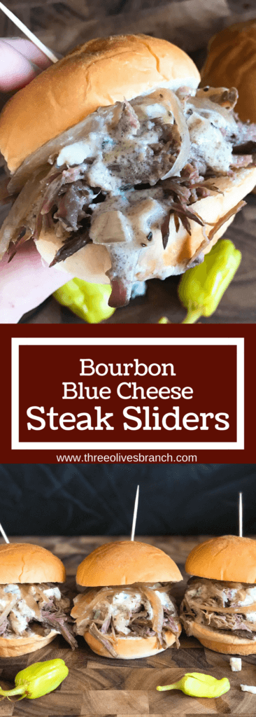 Use a slow cooker for simple and easy shredded steak sliders! Make the blue cheese sauce in advance for quick assembly. Perfect for your party, homegating, football or sport event like Super Bowl Sunday! Make them into a slider bar for customization. Kind friendly and lots of topping options like bacon, pickles, pepperoncini, and more! Bourbon Blue Cheese Steak Sliders | Three Olives Branch | www.threeolivesbranch.com