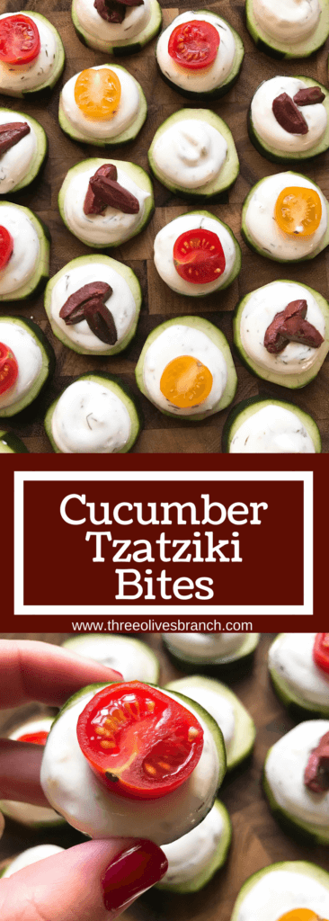 Ready in 10 minutes, these fresh bites are perfect for entertaining, game day appetizer, and parties. A fresh and light snack that is healthy and vegetarian. Simple, fast, and easy to make. Great for football and Super Bowl. Greek Tzatziki Bites | Three Olives Branch | www.threeolivesbranch.com