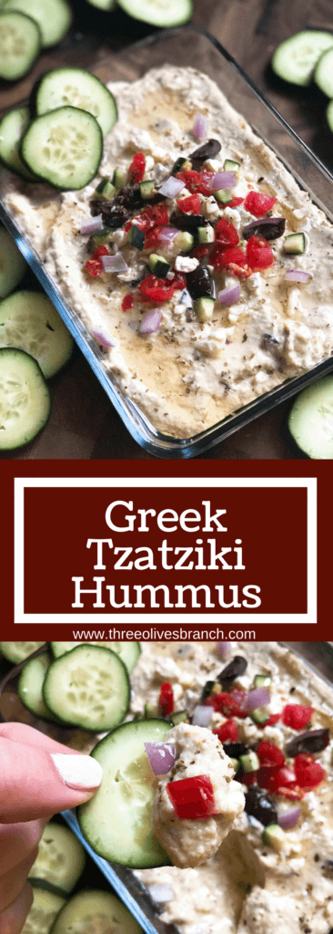 Less than 5 minutes to make this delicious and healthy hummus! Perfect as an appetizer, snack, or spread, the flavors of tzatziki and Greek salad are bright and fresh. Full of protein, vegetarian and vegan friendly. Perfect for game day! Greek Tzatziki Hummus | Three Olives Branch | www.threeolivesbranch.com