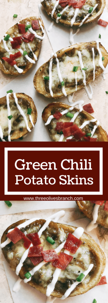 Make the chili and shells in advance for fast assembly! A perfect snack or appetizer for game day, football, and Super Bowl. Vegetarian friendly or use pork green chili and bacon for the meat lovers. Links to Hatch Green Chili recipe in post. Green Chili Potato Skins | Three Olives Branch | www.threeolivesbranch.com