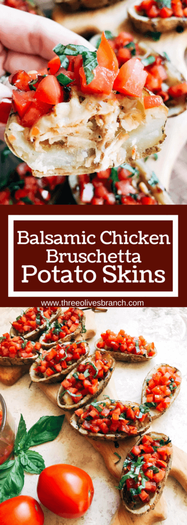 Perfect as a snack, appetizer, or lunch, these potato skins are full of fresh and bright flavors. Each element can be made ahead for fast and easy assembly. Perfect for entertaining, a party, or the big game day. Balsamic, tomato, and basil brighten the cheese and chicken for a fresh treat. Gluten free. Balsamic Chicken Bruschetta Potato Skins | Three Olives Branch | www.threeolivesbranch.com
