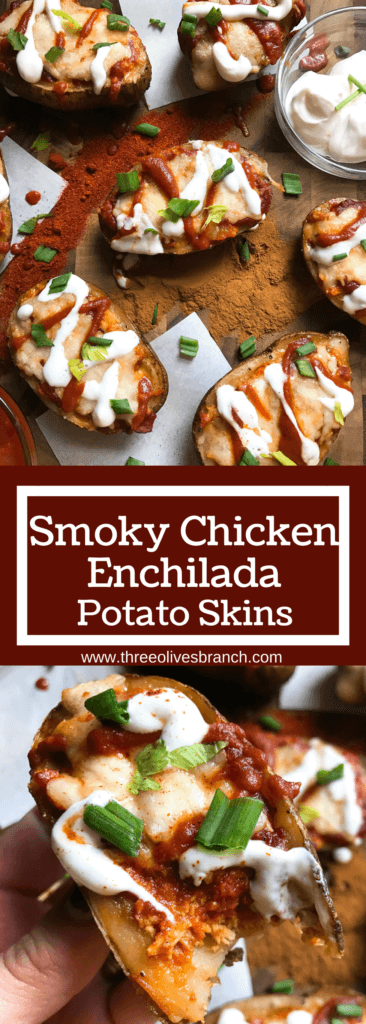 Make each component in advance for fast assembly! All the flavors of smoky chipotle enchiladas in potato skin form. Make your sauce mild or spicy. Perfect for game day as an appetizer or snack! Great football food as they are portable and full of flavor. Smoky Chicken Enchilada Potato Skins | Three Olives Branch | www.threeolivesbranch.com