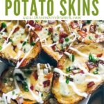 Pin of Bacon and Bourbon Blue Cheese Potato Skins in a pile with title at top
