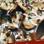 Pin Image A pile of Bacon and Bourbon Blue Cheese Potato Skins with title at bottom