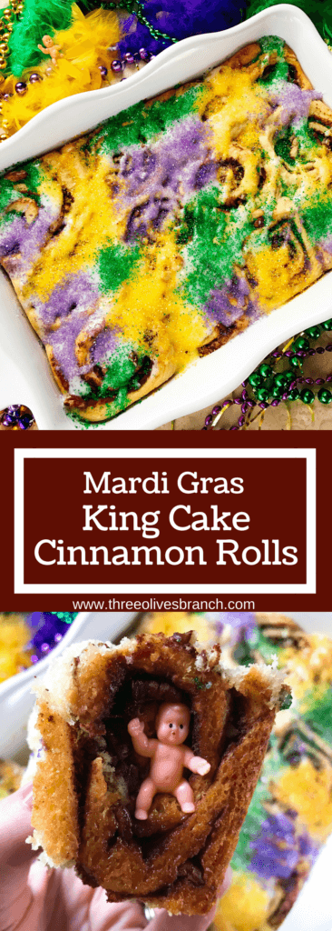 Make in advance for an easy breakfast! Comfort food perfect for the holiday. Vegetarian and kid friendly. Pecan, cinnamon, and flaky dough. Mardi Gras King Cake Cinnamon Rolls | Three Olives Branch | www.threeolivesbranch.com