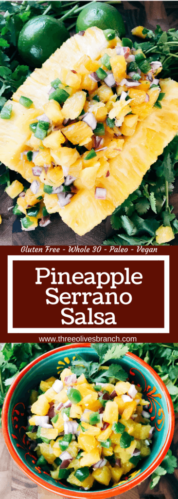 Ready in 10 minutes, this fun and unique salsa is a perfect twist on pico! Great for a cookout, barbecue, party appetizer, and more! Eat it plain or on BBQ chicken or pork for a fun and unique dish. Gluten free, paleo, Whole 30, vegan, vegetarian. Pineapple Serrano Salsa | Three Olives Branch | www.threeolivesbranch.com