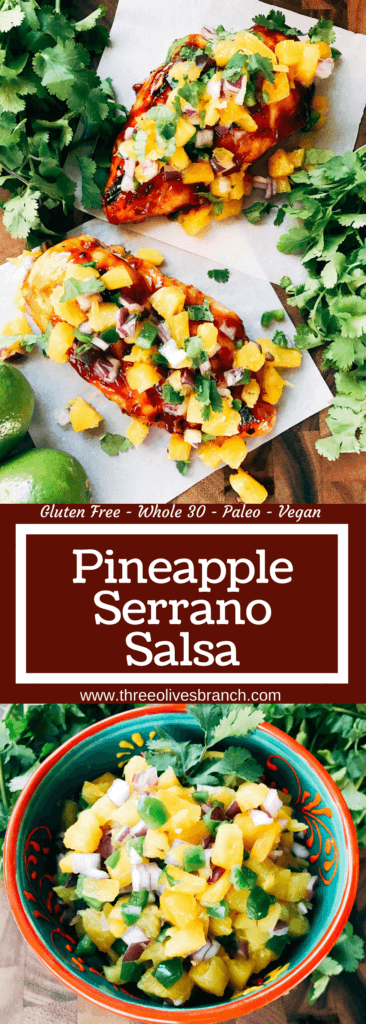 Ready in 10 minutes, this fun and unique salsa is a perfect twist on pico! Great for a cookout, barbecue, party appetizer, and more! Eat it plain or on BBQ chicken or pork for a fun and unique dish. Gluten free, paleo, Whole 30, vegan, vegetarian. Pineapple Serrano Salsa | Three Olives Branch | www.threeolivesbranch.com