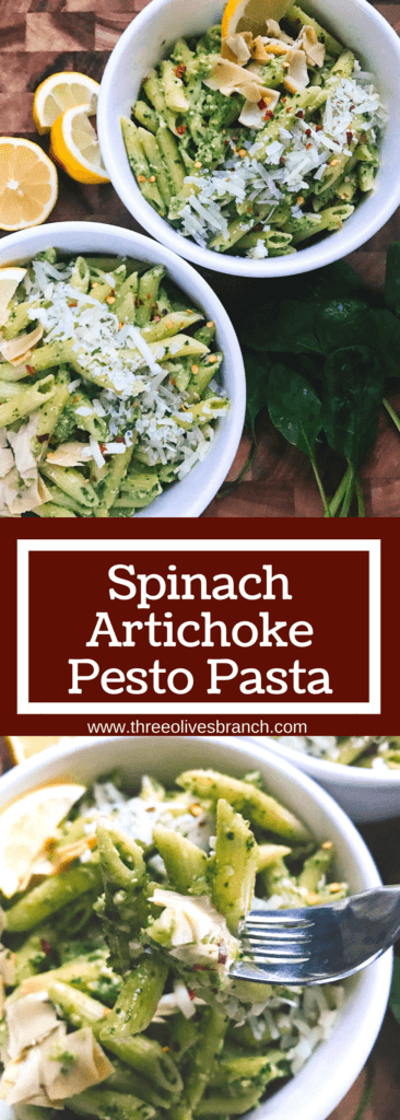 Less than 15 minutes, this light and healthy dish is ready! Perfect for busy nights, full of nutrition, and a great way to sneak healthy food into a meal. Vegetarian or add chicken, sausage, or shrimp for meat lovers. Fast, simple, and easy to make. Great for spring and summer lighter dishes. Spinach Artichoke Pesto Pasta | Three Olives Branch | www.threeolivesbranch.com