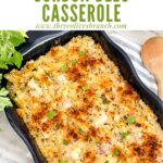 Pin of Chicken Cordon Bleu Casserole in a blue dish with title at top