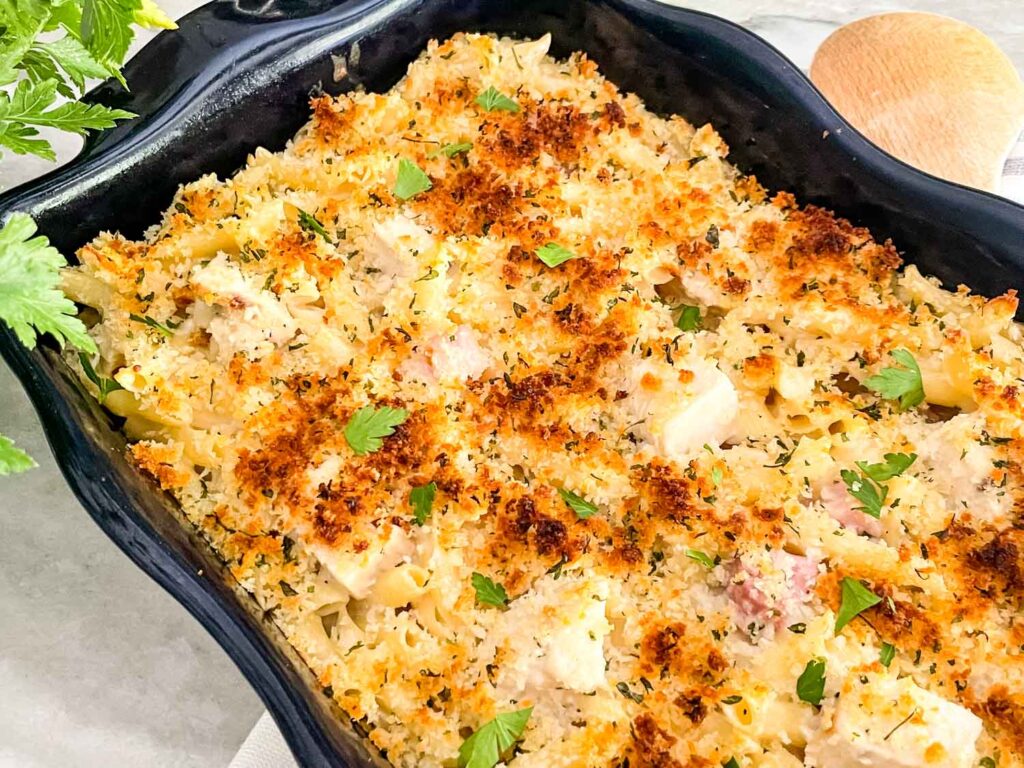 A Chicken Cordon Bleu Casserole after baking