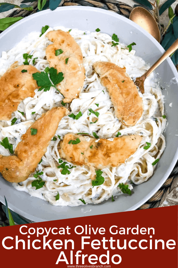 Pin image of bowl of Copycat Olive Garden Chicken Alfredo with title at bottom