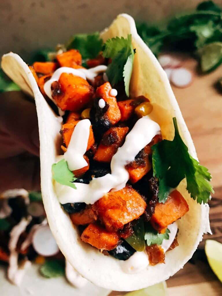 Less than 30 minutes for vegetarian and vegan tacos! Perfect for busy nights. Fast, simple, healthy, and fresh. Great for Lent, Taco Tuesday, Meatless Monday, and more. Southwest Chipotle Sweet Potato Tacos | Three Olives Branch | www.threeolivesbranch.com