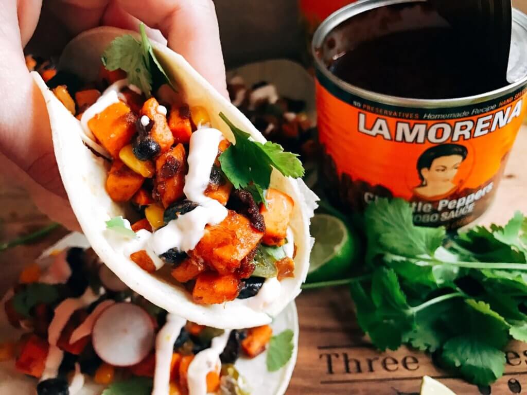 Less than 30 minutes for vegetarian and vegan tacos! Perfect for busy nights. Fast, simple, healthy, and fresh. Great for Lent, Taco Tuesday, Meatless Monday, and more. Southwest Chipotle Sweet Potato Tacos | Three Olives Branch | www.threeolivesbranch.com