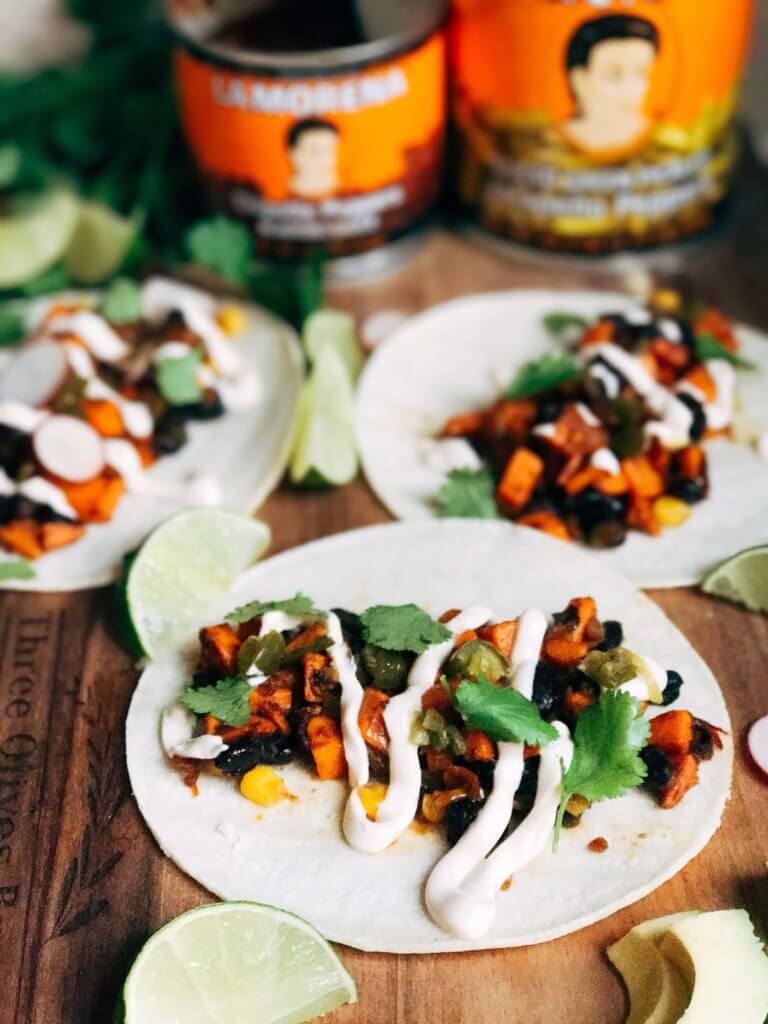 Less than 30 minutes for vegetarian and vegan tacos! Perfect for busy nights. Fast, simple, healthy, and fresh. Great for Lent, Taco Tuesday, Meatless Monday, and more. Southwest Chipotle Sweet Potato Tacos | Three Olives Branch | www.threeolivesbranch.com