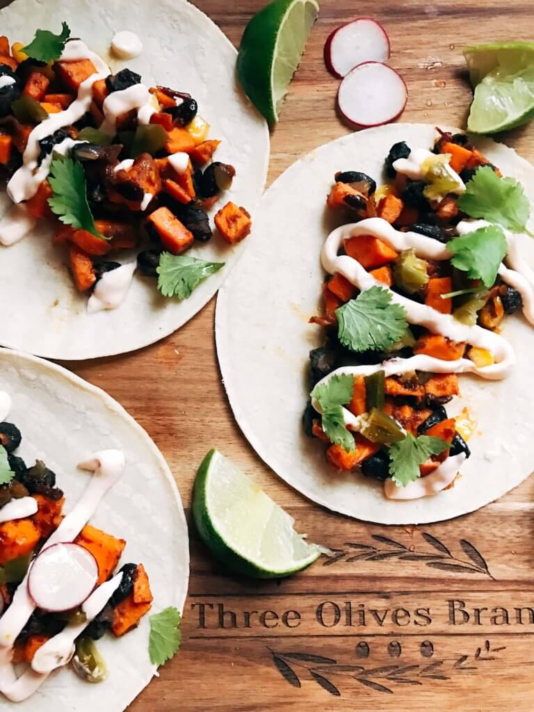 Less than 30 minutes for vegetarian and vegan tacos! Perfect for busy nights. Fast, simple, healthy, and fresh. Great for Lent, Taco Tuesday, Meatless Monday, and more. Southwest Chipotle Sweet Potato Tacos | Three Olives Branch | www.threeolivesbranch.com