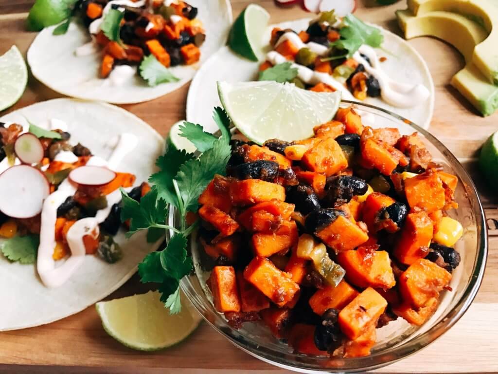 Less than 30 minutes for vegetarian and vegan tacos! Perfect for busy nights. Fast, simple, healthy, and fresh. Great for Lent, Taco Tuesday, Meatless Monday, and more. Southwest Chipotle Sweet Potato Tacos | Three Olives Branch | www.threeolivesbranch.com