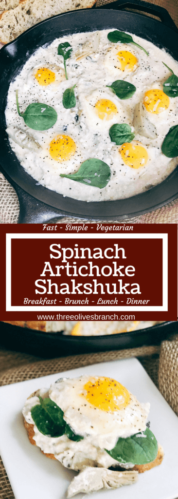 Less than 30 minutes for a simple, filling vegetarian dish that is perfect for breakfast, brunch, lunch or dinner. Also called Eggs in Purgatory, this twist on a classic dish is fast and easy and based on spinach artichoke dip. A creamy Parmesan cheese sauce is the base for the eggs, spinach, artichoke, and cheeses. Serve on top of bread for a filling meal! Spinach Artichoke Shakshuka | Three Olives Branch | www.threeolivesbranch.com