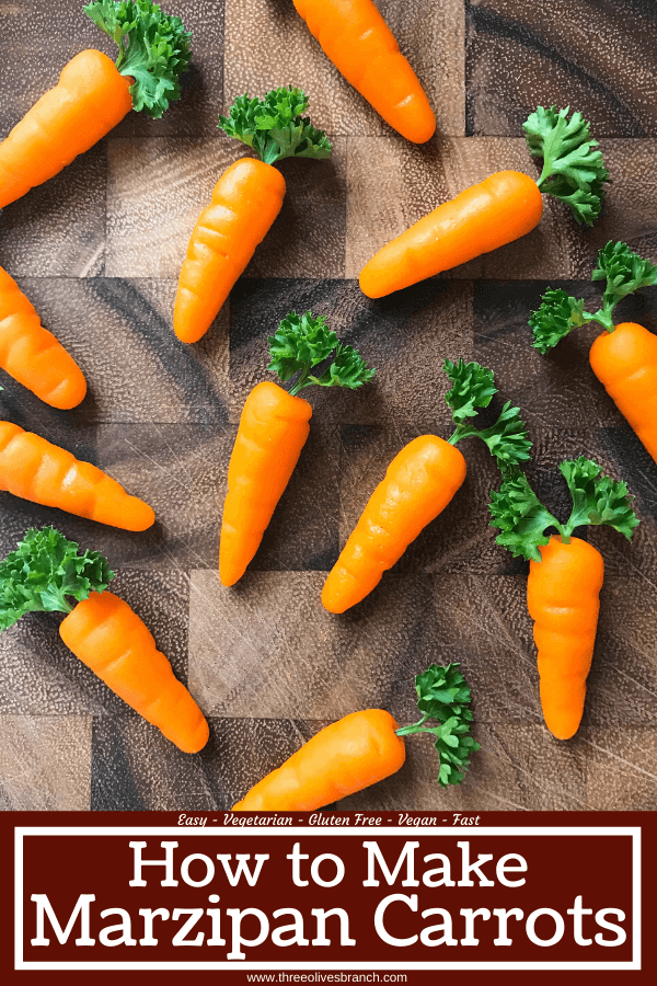 In 10 minutes you can have these adorable marzipan carrots ready for your Easter or spring celebration! Vegan and gluten free, they are a fun Easter decoration for the spring holiday that you can use on desserts and brunch recipes. Learn How to Make Marzipan Carrots #easterrecipes #easterdessert #easterbrunch