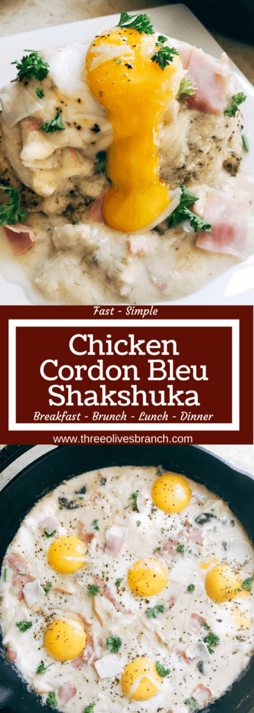 Great for spring entertaining, this dish is perfect for any meal of the day. Breakfast, brunch, lunch, or dinner, classic flavors of Chicken Cordon Bleu are combined with the style of shakshuka. Ham, chicken, cheese sauce, and eggs. Can be served on a piece of grilled chicken, bread, or eat it straight! Fast and simple to make, perfect for entertaining and parties. A great start to holiday mornings. Chicken Cordon Bleu Shakshuka | Three Olives Branch | www.threeolivesbranch.com