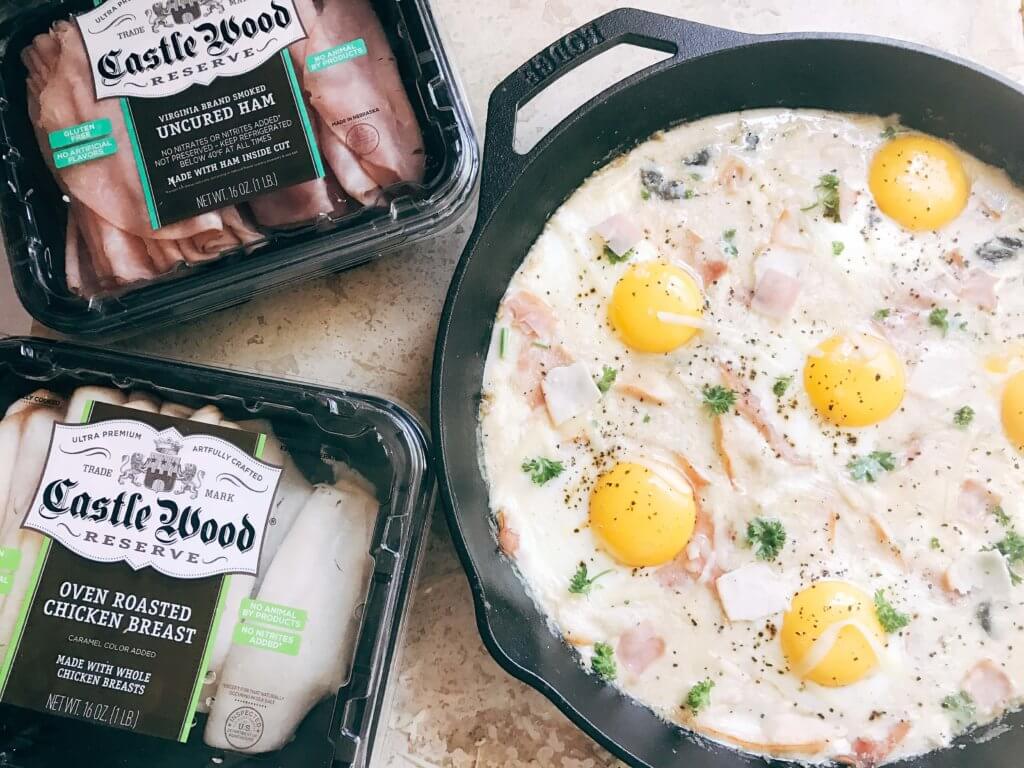 Great for spring entertaining, this dish is perfect for any meal of the day. Breakfast, brunch, lunch, or dinner, classic flavors of Chicken Cordon Bleu are combined with the style of shakshuka. Ham, chicken, cheese sauce, and eggs. Can be served on a piece of grilled chicken, bread, or eat it straight! Fast and simple to make, perfect for entertaining and parties. A great start to holiday mornings. Chicken Cordon Bleu Shakshuka | Three Olives Branch | www.threeolivesbranch.com