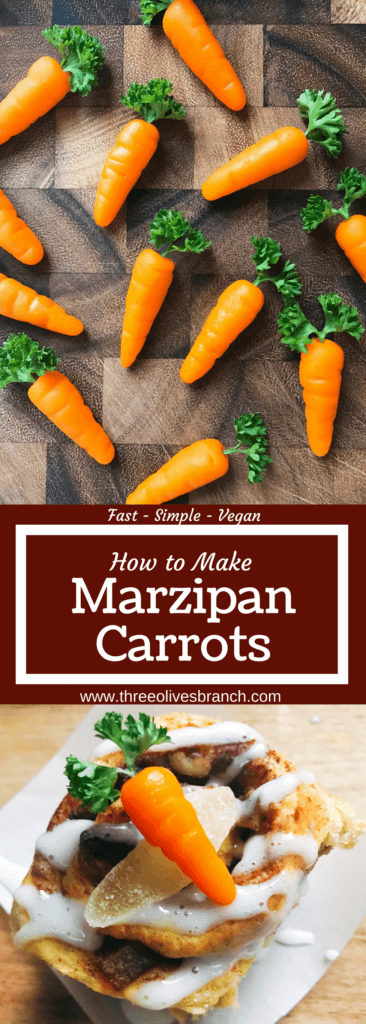 In 10 minutes you can have these adorable marzipan carrots ready for your Easter or spring celebration! Vegan and gluten free, they are a fun Easter decoration for the spring holiday that you can use on desserts and brunch recipes. Learn How to Make Marzipan Carrots #easterrecipes #easterdessert #easterbrunch