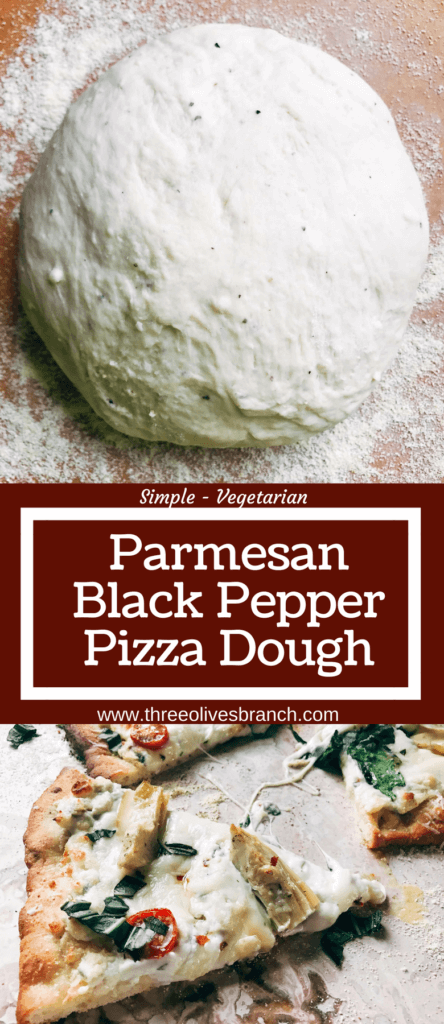 Homemade pizza dough makes every pizza special! This fresh dough is simple and can be made in advance for a quick pizza night. Freezes well! Vegetarian, kid friendly, and delicious. Makes two 12" thin pizza crusts. Parmesan Black Pepper Pizza Dough | Three Olives Branch | www.threeolivesbranch.com