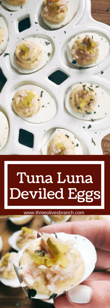 Ready in 10 minutes, fast and simple deviled eggs with unique flavors similar to tuna salad. Tuna, relish, mayo, and mustard brighten up these eggs for a unique appetizer or snack. Great for any party, event, game, or holiday like Easter. Tuna Luna Deviled Eggs | Three Olives Branch | www.threeolivesbranch.com