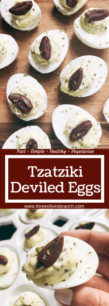 Ready in 10 minutes, these eggs are a perfect appetizer or snack for holidays like Easter and gatherings. Serve up a classic dish with a twist at your party, game day, or event. Quick and simple to make. Vegetarian. Cucumber, dill, garlic, and lemon shine in these deviled eggs to bring the same flavors of a Greek yogurt tzatziki sauce to these snacks. Tzatziki Deviled Eggs | Three Olives Branch | www.threeolivesbranch.com