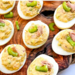 Pin looking down on Tuna Deviled Eggs.
