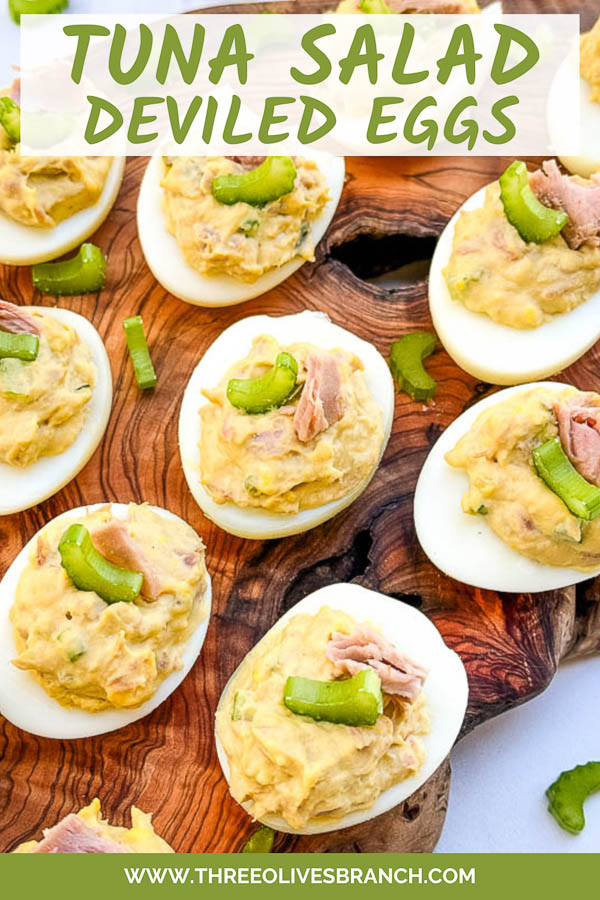 Pin looking down on Tuna Deviled Eggs.