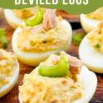 Close up pin of Tuna Deviled Eggs.
