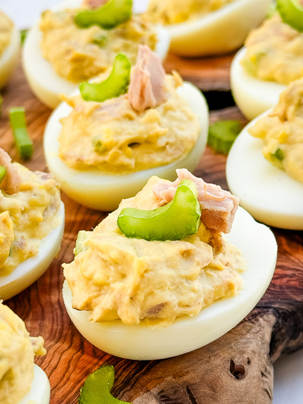 A close view of Tuna Deviled Eggs.