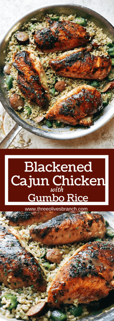 Flavors of gumbo in a chicken and rice one-pot meal. Blackened chicken is paired with smoked sausage, okra, and cajun seasoning in brown rice for a dish that takes you to New Orleans. Blackened Cajun Chicken with Gumbo Rice | Three Olives Branch | www.threeolivesbranch.com
