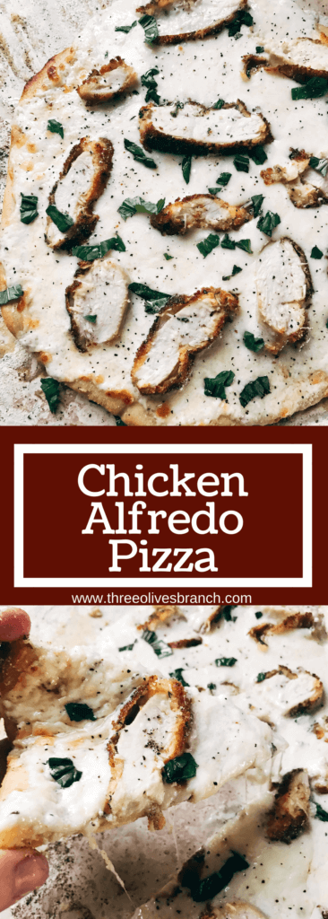 All the classic flavors of chicken alfredo pasta in pizza form! Make the sauce, chicken, and crust in advance for a fast and easy dinner. Parmesan cheese, cream, and breaded chicken star in a filling pizza that is a family favorite. Kid friendly and perfect for parties. Chicken Alfredo Pizza | Three Olives Branch | www.threeolivesbranch.com