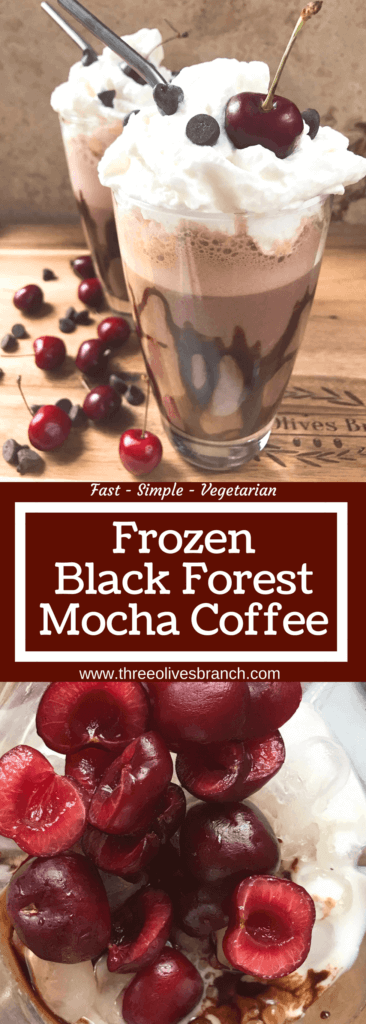 A perfect coffee drink for the summer and warm weather! Ready in just minutes, this frozen coffee can also be made as an iced coffee. Classic Black Forest dessert flavors of cream, cherries, and chocolate are paired with coffee for a fun treat. Simple and easy to make, vegetarian. Frozen Black Forest Mocha Coffee | Three Olives Branch | www.threeolivesbranch.com