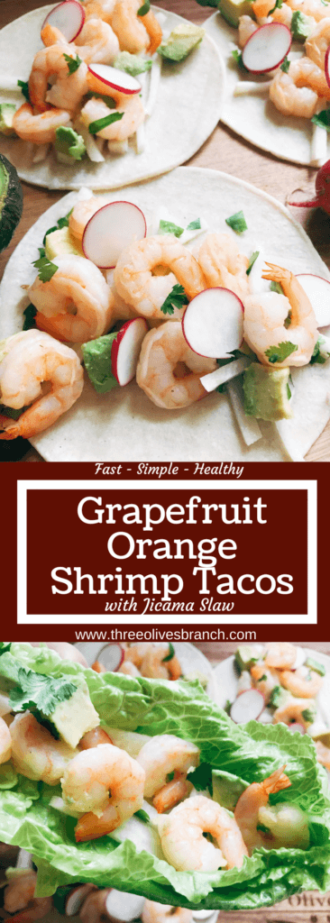 Less than 30 minutes for these simple and fresh shrimp tacos. Perfect for on-the-go food, full of bright and fresh flavors. Shrimp, orange, grapefruit, avocado, and jicama inspired by Aquafina Sparkling Water. A great twist on a seafood taco for Mexican night. Quick and easy to make, perfect for summer. Grapefruit Orange Shrimp Tacos with Jicama Slaw | Three Olives Branch | www.threeolivesbranch.com