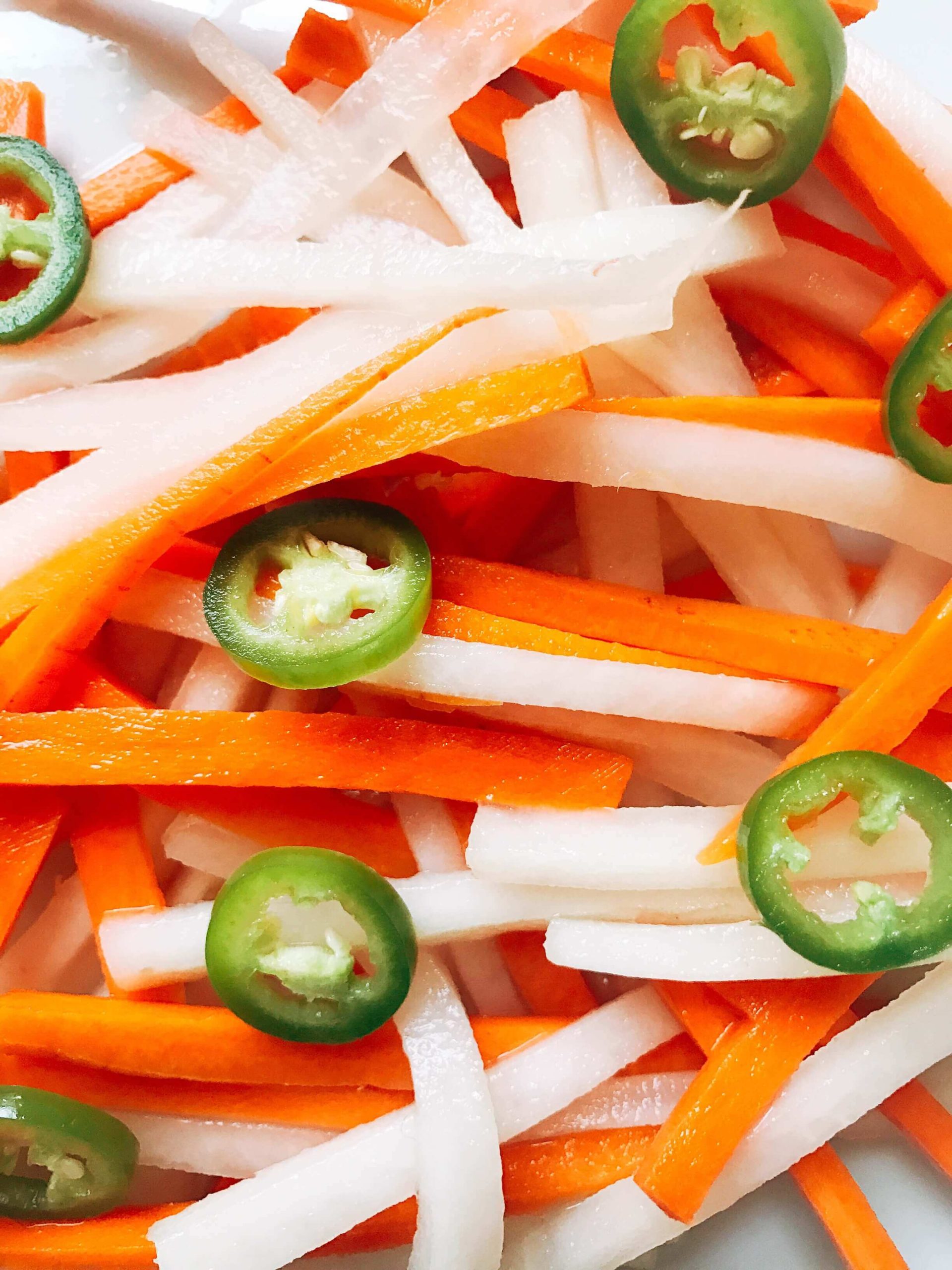 A pile of Spicy Vietnamese Pickled Vegetables up close