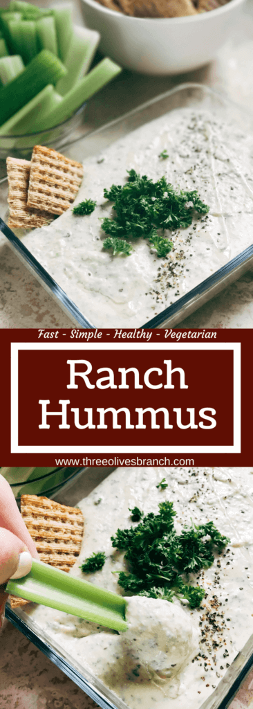 Ready in 5 minutes, this hummus is perfect as a snack, dip, appetizer, or spread. Classic flavors make this fast and simple treat a healthier way to enjoy ranch. Easy and quick to make, vegetarian, kid friendly. Parsley, Greek yogurt, garbanzo beans, lemon, and more! Ranch Hummus | Three Olives Branch | www.threeolivesbranch.com