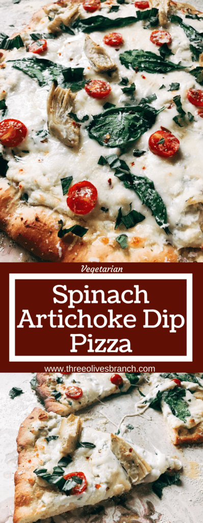 Perfect for dinner parties and fun meals, this pizza is based on the classic spinach artichoke dip! Spinach, artichoke hearts, Parmesan, cream cheese, garlic, and more form a dip as the sauce of this pizza with additional veggies like tomatoes or your favorite meats as the toppings. Try it out with our Parmesan Black Pepper or Rosemary Garlic Pizza Doughs. Make the dough in advance for a faster meal! Freezes well, kid friendly, vegetarian, and delicious! Spinach Artichoke Dip Pizza | Three Olives Branch | www.threeolivesbranch.com