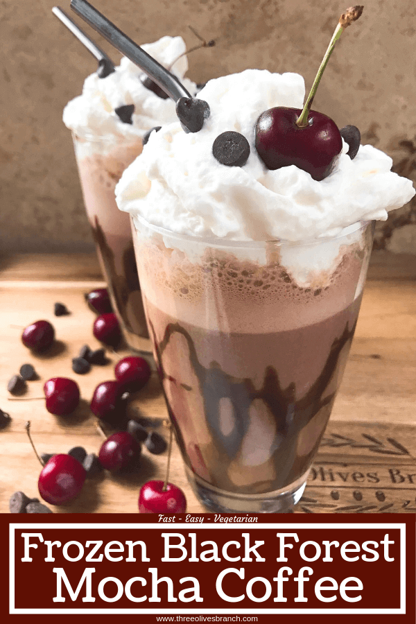 A perfect coffee drink for the summer and warm weather! Ready in just minutes, this frozen coffee can also be made as an iced coffee. Classic Black Forest dessert flavors of cream, cherries, and chocolate are paired with coffee for a fun treat. Simple and easy to make, vegetarian. Frozen Black Forest Mocha Coffee #frozencoffee #summerdrink #frozenmocha