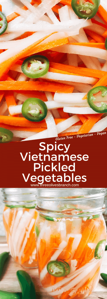 Simple and easy Spicy Vietnamese Pickled Vegetables perfect for your banh mi! Use as a quick condiment on your favorite foods. Quick refrigerator pickle of daikon radish and carrots are made spicy with serrano. A rice vinegar base is ready in just minutes for this classic Vietnamese slaw. Use cucumber or your favorite vegetables. Vegan, gluten free, and vegetarian. #pickled #banhmi #vietnamese