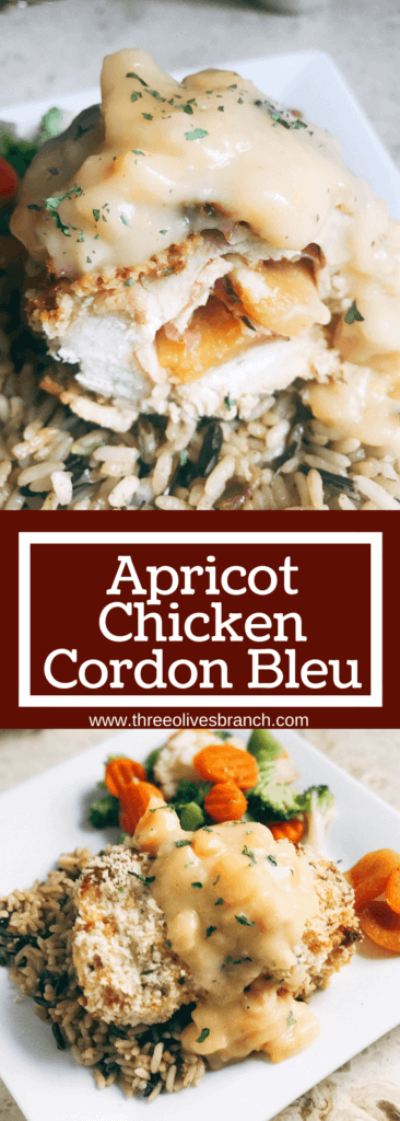 A slightly sweet twist on the classic! Dried apricots pair perfectly with the ham, monterey jack cheese, and seasonings in this recipe revamp. The creamy apricot white wine sauce is the perfect addition! A fun and memorable dinner that the entire family will love. Apricot Chicken Cordon Bleu | Three Olives Branch | www.threeolivesbranch.com