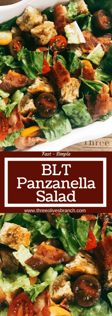 A simple side dish perfect for any BBQ event, grill out, or party like the 4th of July, Father's Day, Memorial Day, or Labor Day. The classic flavors of a BLT sandwich are combined with a classic Italian panzanella salad (bread salad) with a light vinaigrette. Also great with ranch or Caesar dressing. Simple and easy to make, kid friendly, and great for summer grilling. Tomatoes, bacon, lettuce, and bread. BLT Panzanella Salad | Three Olives Branch | www.threeolivesbranch.com