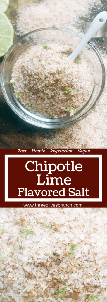 A quick and simple salt to make in just minutes. Perfect for grilling and the BBQ in the summer or as a gift for Father's Day. Works great on steak, beef, chicken, pork, and vegetables. Use it as something special for events and parties like the 4th of July. Easy to make in a food processor, vegan, vegetarian. Chipotle Lime Flavored Salt | Three Olives Branch | www.threeolivesbranch.com