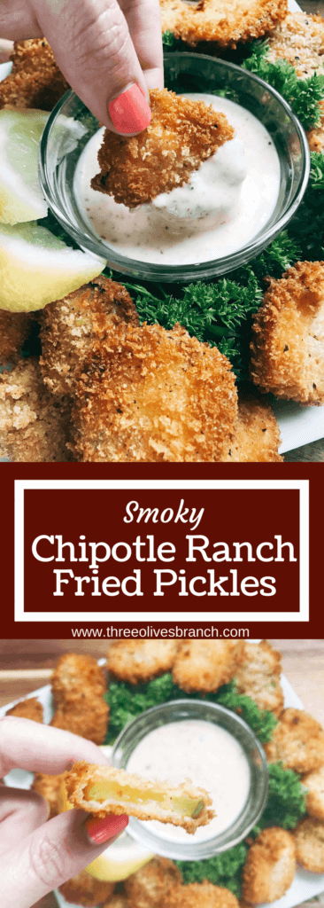 Smoky and slightly spicy fried pickles take on a new life! Tangy ranch flavors are combined with chipotle chile powder for a twist on a classic county fair dish. A crispy breadcrumb coating make these fried pickles perfect for an appetizer or snack, whether for the big game day, a party, BBQ, or summer grill event. Smoky Chipotle Ranch Fried Pickles | Three Olives Branch | www.threeolivesbranch.com