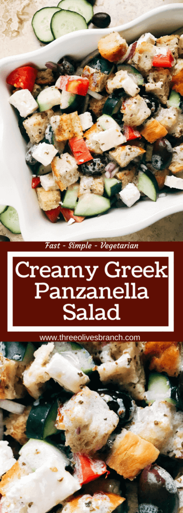 Traditional Italian salad combined with a Greek salad. Simple to make and a perfect side dish for your summer grilling party or BBQ gathering, Father's Day, 4th of July, and more. Bread chunks are tossed with Greek salad ingredients of feta cheese, kalamata olives, red onion, cucumber, and tomatoes with a creamy vinaigrette made from Greek yogurt, oregano, oil, and red wine vinegar. Simple to make and a unique side dish to show off! Creamy Greek Panzanella Salad | Three Olives Branch | www.threeolivesbranch.com