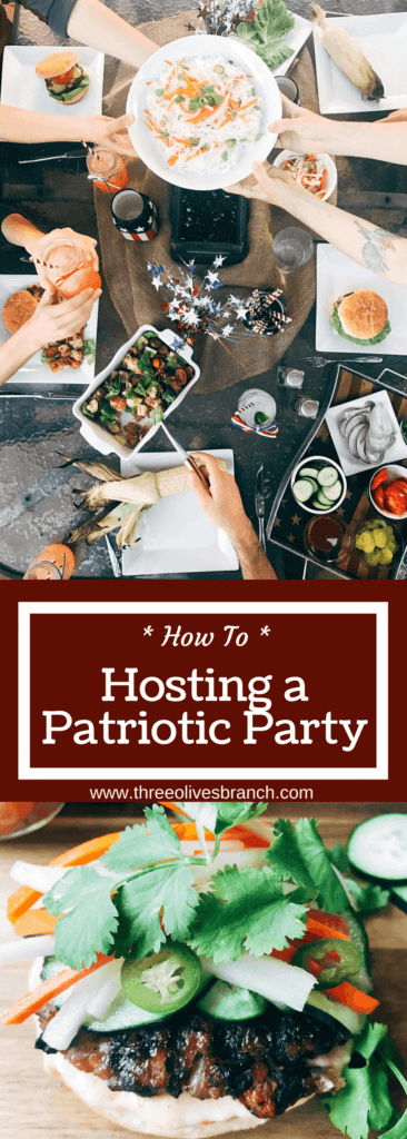 Simple ideas and tips for Hosting a Patriotic Party including the menu we served! Chicken and Vegetarian Banh Mi Burgers featuring sweet chili sauce, Vietnamese Pickled Vegetable Rice Noodle Salad, BLT Panzanella, and Raspberry Rose (Frose) Popsicles. A perfect summer BBQ or grilling dinner party theme to celebrate the USA and American heritage. Hosting a Patriotic Party | Three Olives Branch | www.threeolivesbranch.com