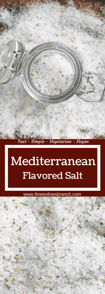 Quick and easy salt ready in minutes to add extra flavor to your favorite foods. Great with chicken, pork, seafood, vegetables, and more! This salt highlights thyme, lemon, and oregano for flavors found in the Mediterranean. Perfect for grilling, parties, and events like Father's Day, 4th of July, summer gatherings, and more. Mediterranean Flavored Salt | Three Olives Branch | www.threeolivesbranch.com